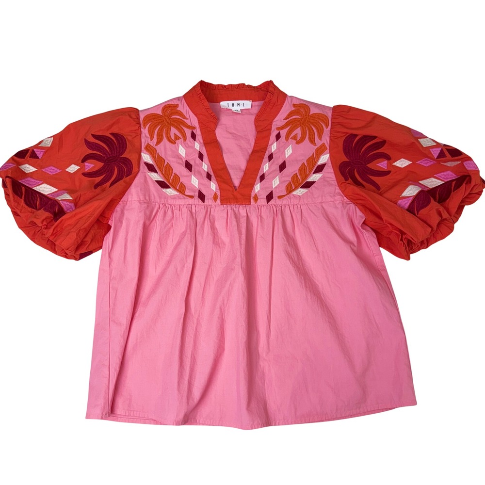 THML Pink Orange Palm Tree Embroidered Puff Sleeve Babydoll Top XS Bold Boho EUC